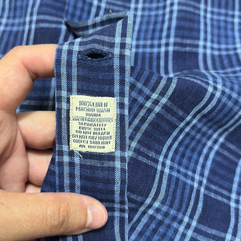 Peter Millar Blue Plaid Button-Up Linen Shirt Men’s Size L - Picture 3 of 9